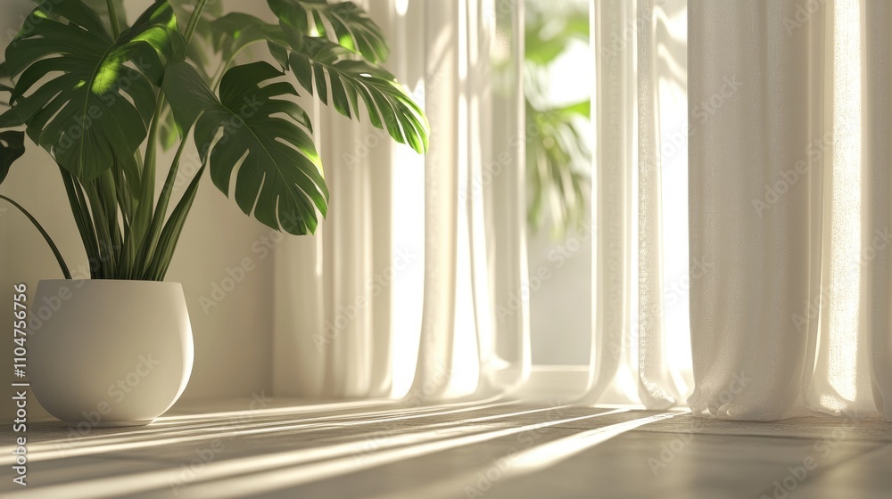 Sunlit Interior with Monstera Plant and Sheer White Curtains Sunlit Interior with Monstera Plant and Sheer White Curtains