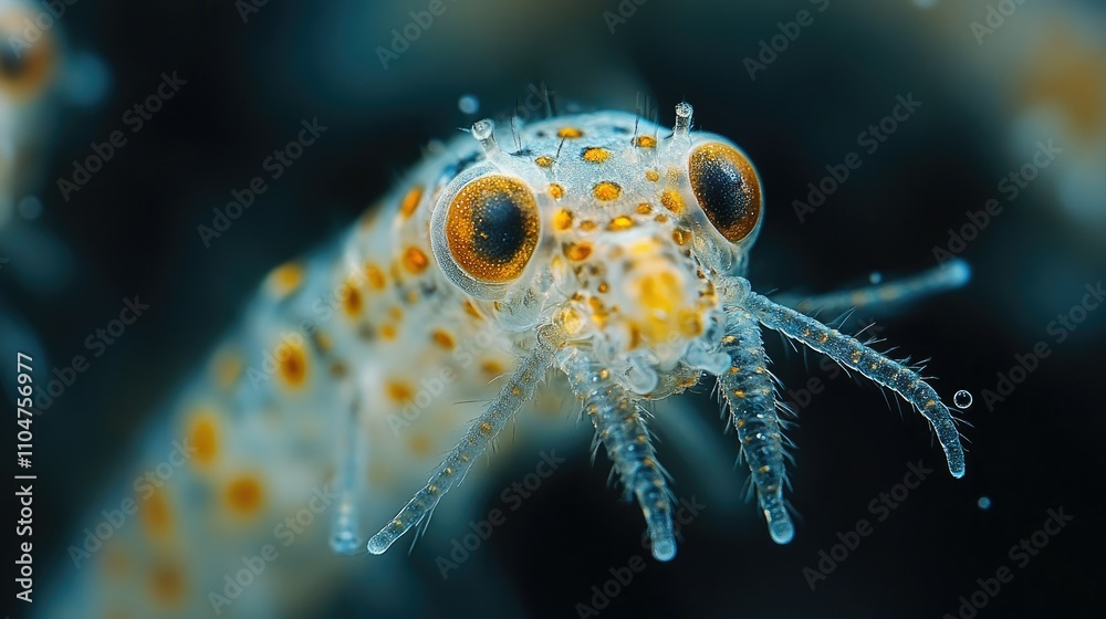 A close-up of a translucent sea creature with distinctive orange spots and large eyes. A close-up of a translucent sea creature with distinctive orange spots and large eyes.