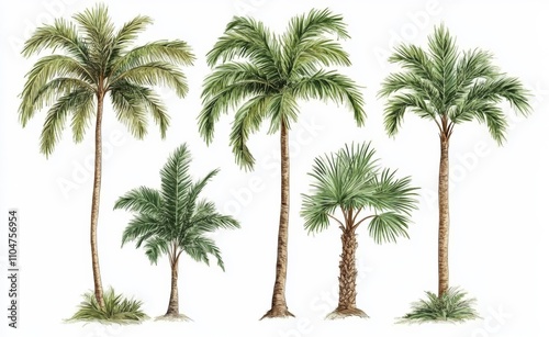 Realistic Palm Trees Illustration with Varied Heights and Textured Trunks on White Background