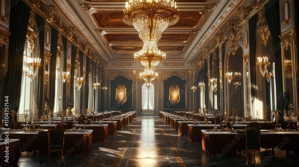 A grand dining hall with elegant chandeliers and tables set for a formal gathering. A grand dining hall with elegant chandeliers and tables set for a formal gathering.