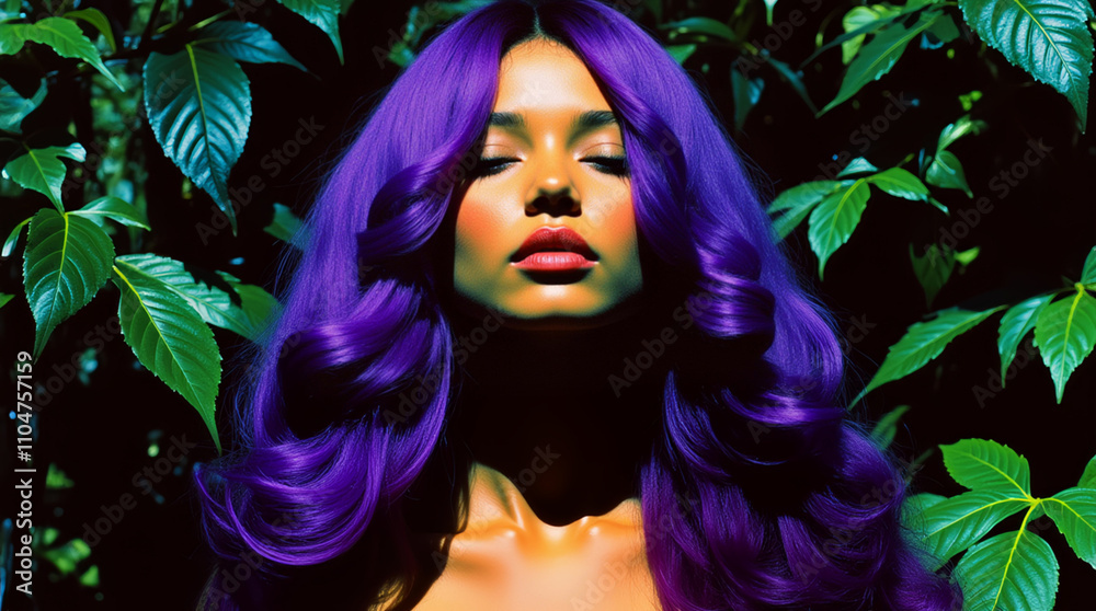 vibrant portrait of woman with purple hair in a garden vibrant portrait of woman with purple hair in a garden