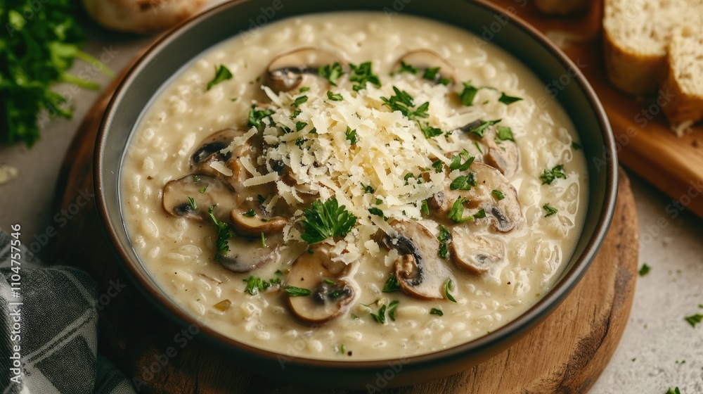 Creamy Mushroom Risotto with Fresh Herbs and Shredded Cheese Creamy Mushroom Risotto with Fresh Herbs and Shredded Cheese