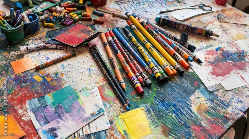 Fototapeta premium A colorful array of art supplies scattered on a vibrant, paint-splattered table.