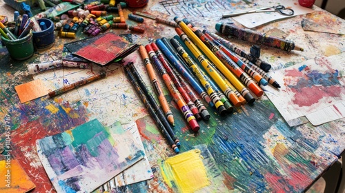 A colorful array of art supplies scattered on a vibrant, paint-splattered table.