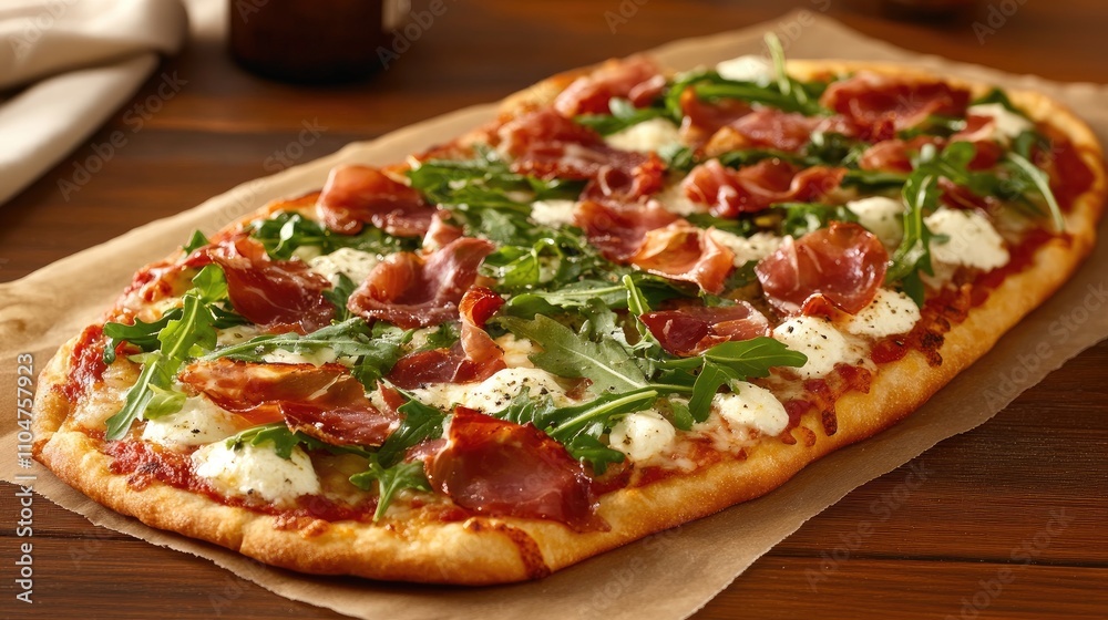 Freshly Baked Flatbread Pizza with Toppings and Herbs Display Freshly Baked Flatbread Pizza with Toppings and Herbs Display