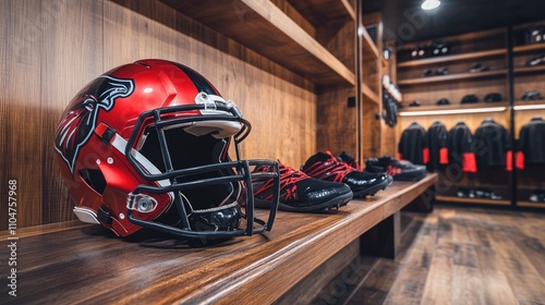 Red Football Helmet and Gear in Modern Locker Room Setting