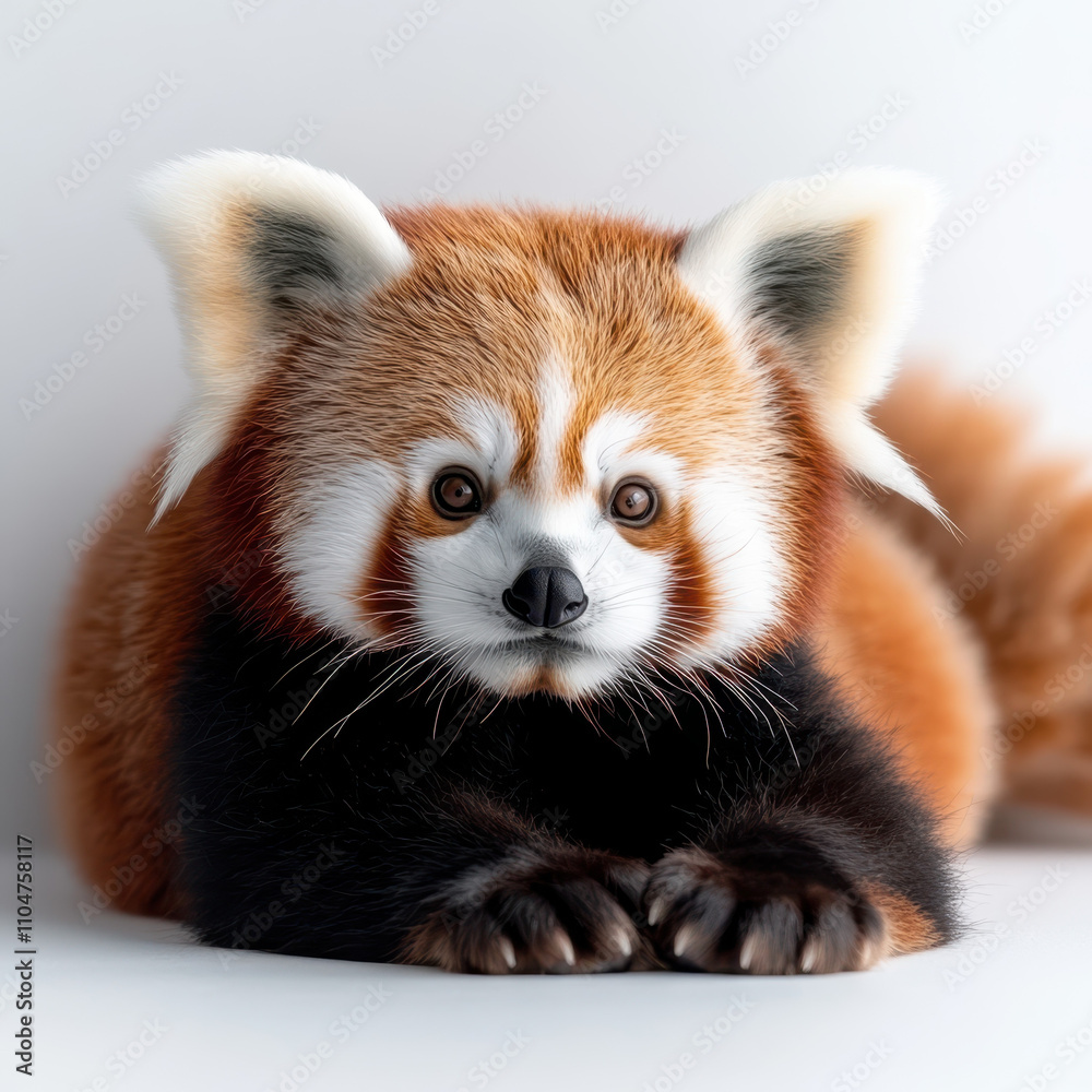 Obraz premium red panda lounging lazily on white background, showcasing its fluffy fur and expressive face. This adorable creature exudes calm and playful demeanor, perfect for animal lovers