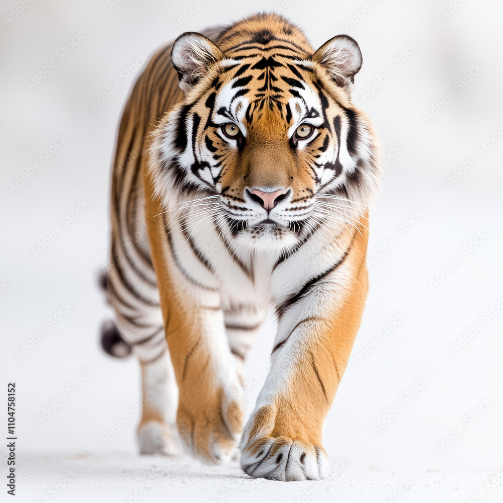 regal Bengal tiger walking confidently on white background, showcasing its striking stripes and powerful presence. This majestic animal embodies strength and grace regal Bengal tiger walking confidently on white background, showcasing its striking stripes and powerful presence. This majestic animal embodies strength and grace