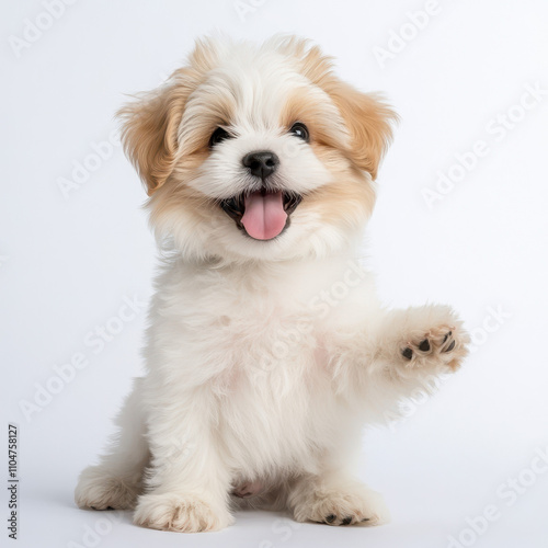 playful Shih Tzu puppy with fluffy fur and happy expression, sitting and waving its paw. This adorable pet exudes joy and charm, perfect for animal lovers