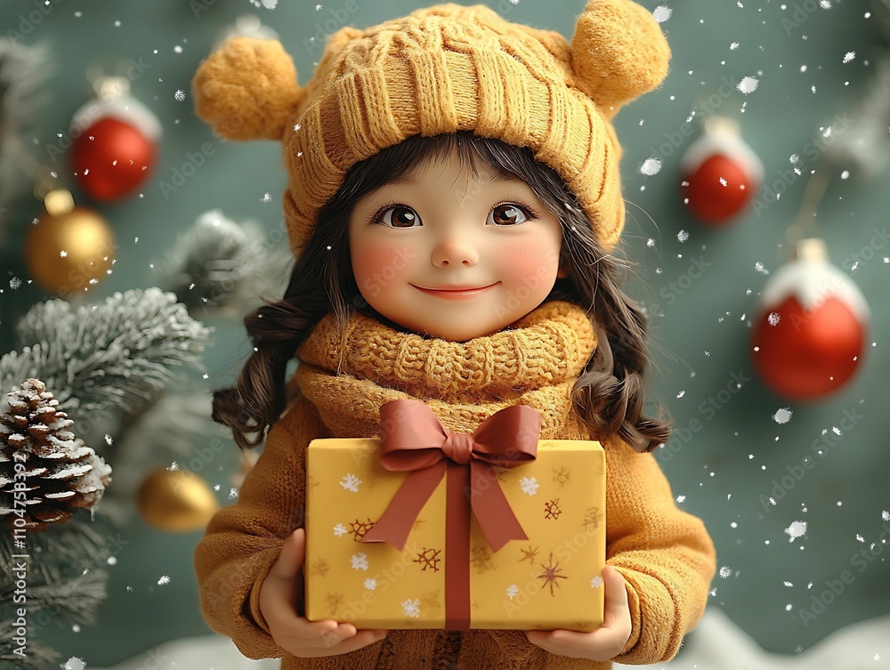A joyful child with a Christmas gift, surrounded by winter wonder A joyful child with a Christmas gift, surrounded by winter wonder