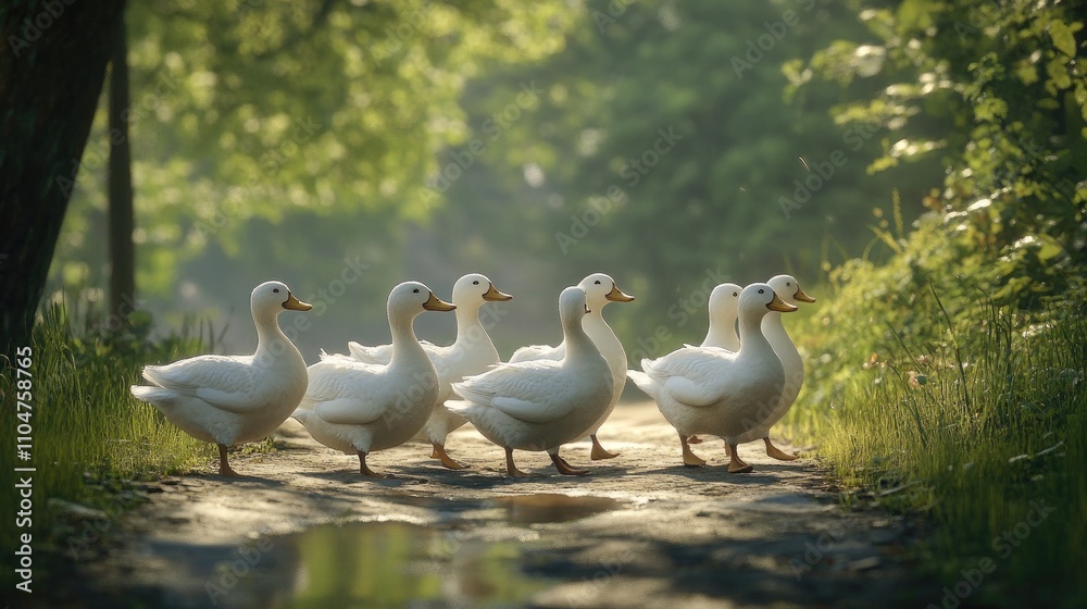 Group of White Domesticated Ducks Walking on a Sunlit Path Group of White Domesticated Ducks Walking on a Sunlit Path