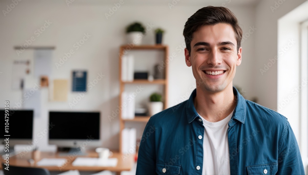 Fototapeta premium Smiling cheerful young adult caucasian american man in casual attire looking at camera standing at home office background. Happy confident white guy headshot face front close up portrait