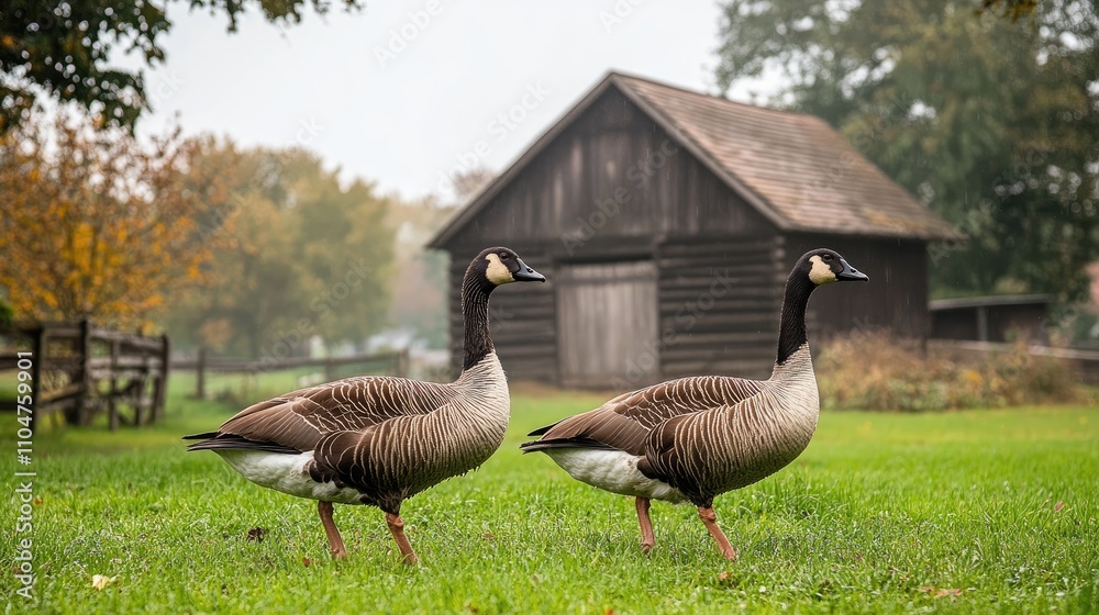 Two Graceful Geese Walking on Green Grass in Rural Landscape Two Graceful Geese Walking on Green Grass in Rural Landscape