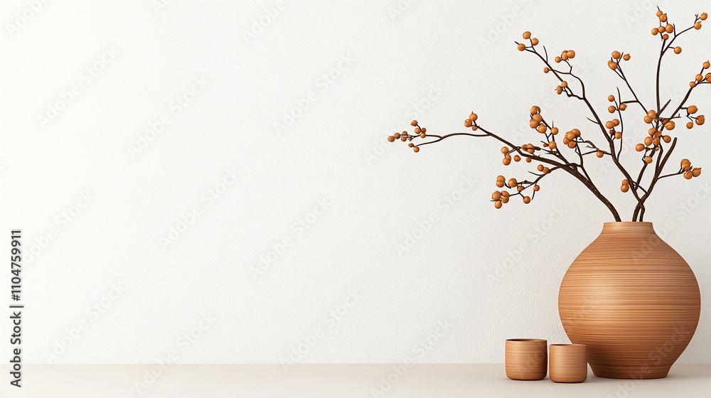 Minimalist still life with vase and branches.