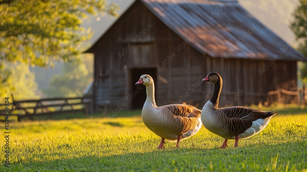 Two Geese Walking Gracefully in Golden Light Near Barn Two Geese Walking Gracefully in Golden Light Near Barn