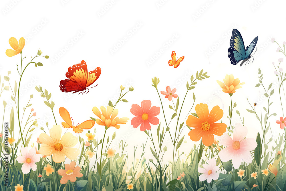 spring meadow vector illustration, flowers and butterflies, spring illustration concept, generative ai spring meadow vector illustration, flowers and butterflies, spring illustration concept, generative ai