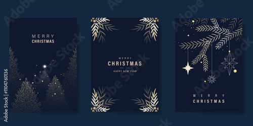 Merry Christmas and Happy New Year greeting card vector set. Luxury invitation with Christmas tree, leaves, sparkle, spot texture on navy blue background. Design illustration for season's card, ads.