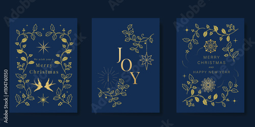 Merry Christmas and Happy New Year greeting card vector set. Luxury invitation with Christmas tree, holly, bird, leaf, spot texture on navy blue background. Design illustration for season's card, ads.