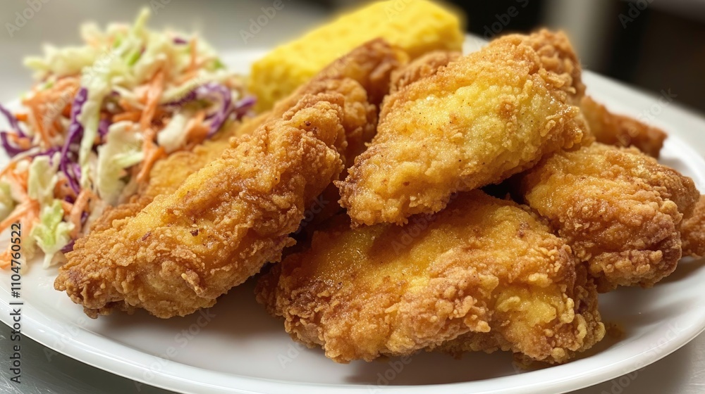 Crispy Fried Chicken Served with Coleslaw and Cornbread on Plate Crispy Fried Chicken Served with Coleslaw and Cornbread on Plate