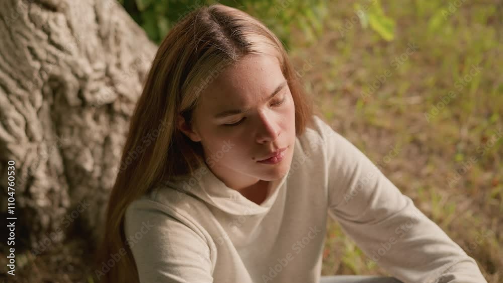 Young lady sitting on ground under tree with hand resting over knee, focusing intently on something, dry foliage scattered around adds to natural setting Young lady sitting on ground under tree with hand resting over knee, focusing intently on something, dry foliage scattered around adds to natural setting