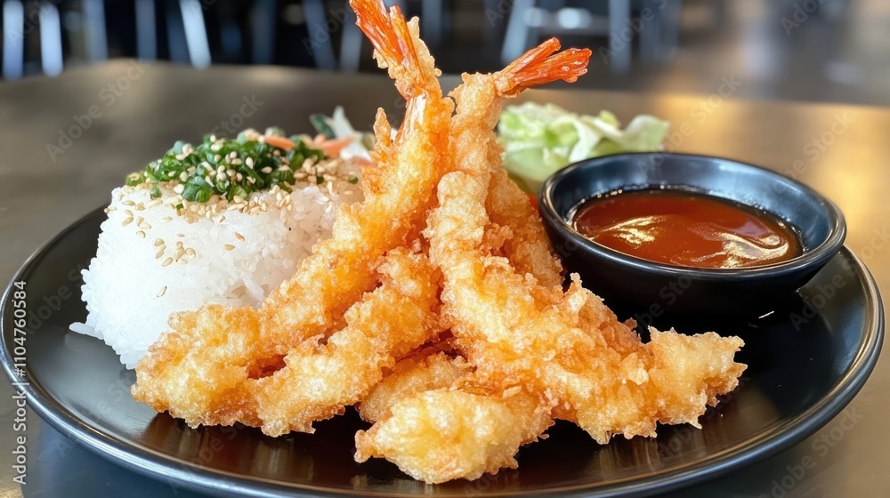 Crispy Shrimp Tempura with Rice and Sauce on Black Plate Crispy Shrimp Tempura with Rice and Sauce on Black Plate