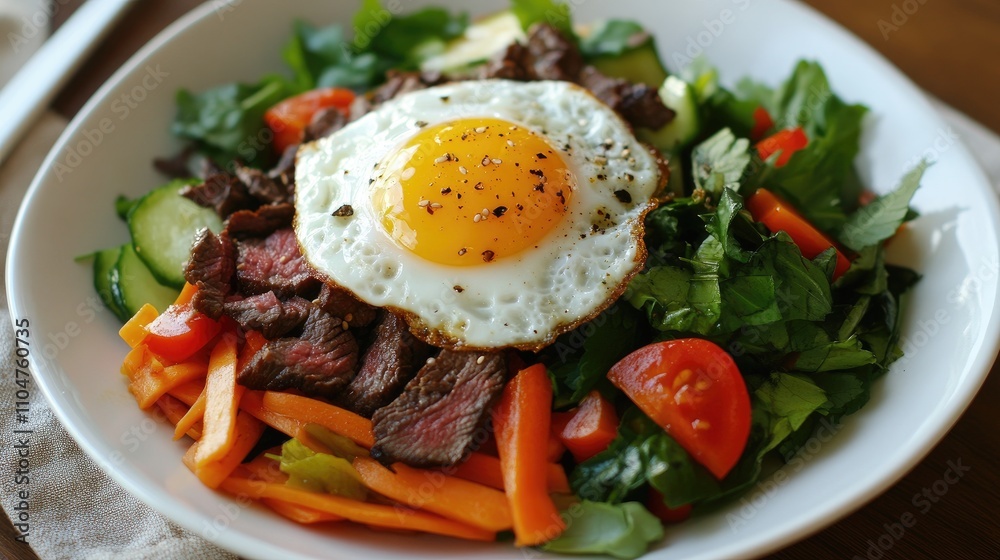 Fresh Salad Bowl with Grilled Beef, Vegetables, and Fried Egg Fresh Salad Bowl with Grilled Beef, Vegetables, and Fried Egg