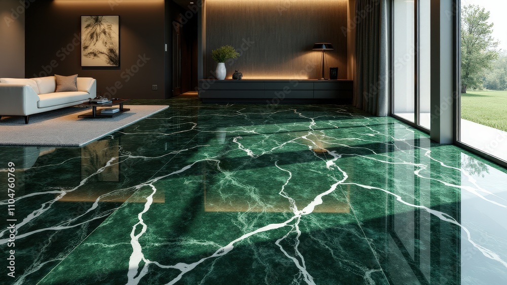 Obraz premium Deep dark green marble floor tiles with fine veining in a spacious setting