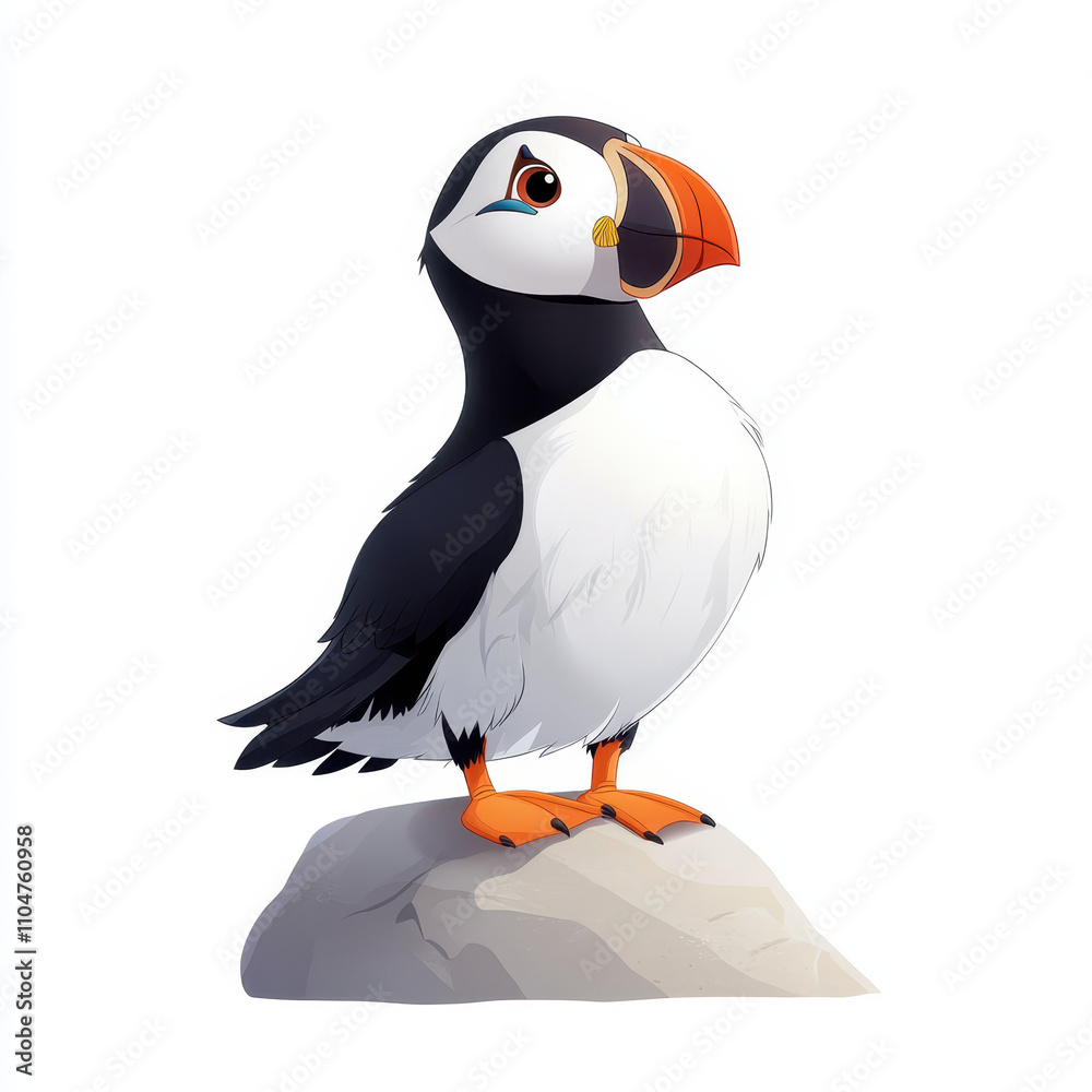 cartoon puffin perched on rock, showcasing its vibrant beak and feathers. This charming bird stands proudly, embodying playful spirit cartoon puffin perched on rock, showcasing its vibrant beak and feathers. This charming bird stands proudly, embodying playful spirit