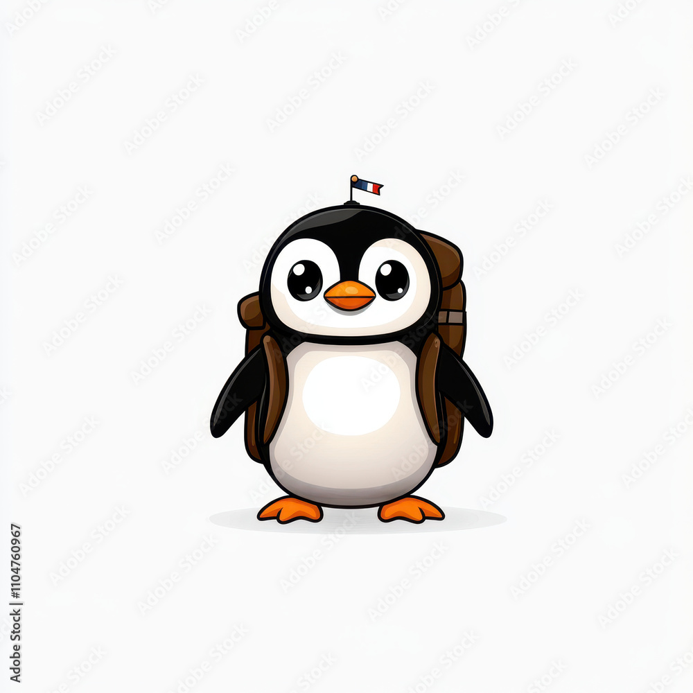 Obraz premium cartoon penguin with backpack and tiny flag, looking cheerful and adventurous. This cute character is perfect for children illustrations or travel themes