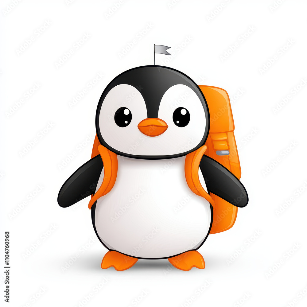 Obraz premium cartoon penguin with orange backpack and tiny flag, looking cheerful and adventurous. This cute character is perfect for children illustrations or educational materials