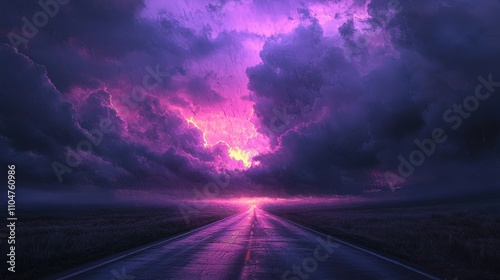 Dramatic stormy sky over a reflective road