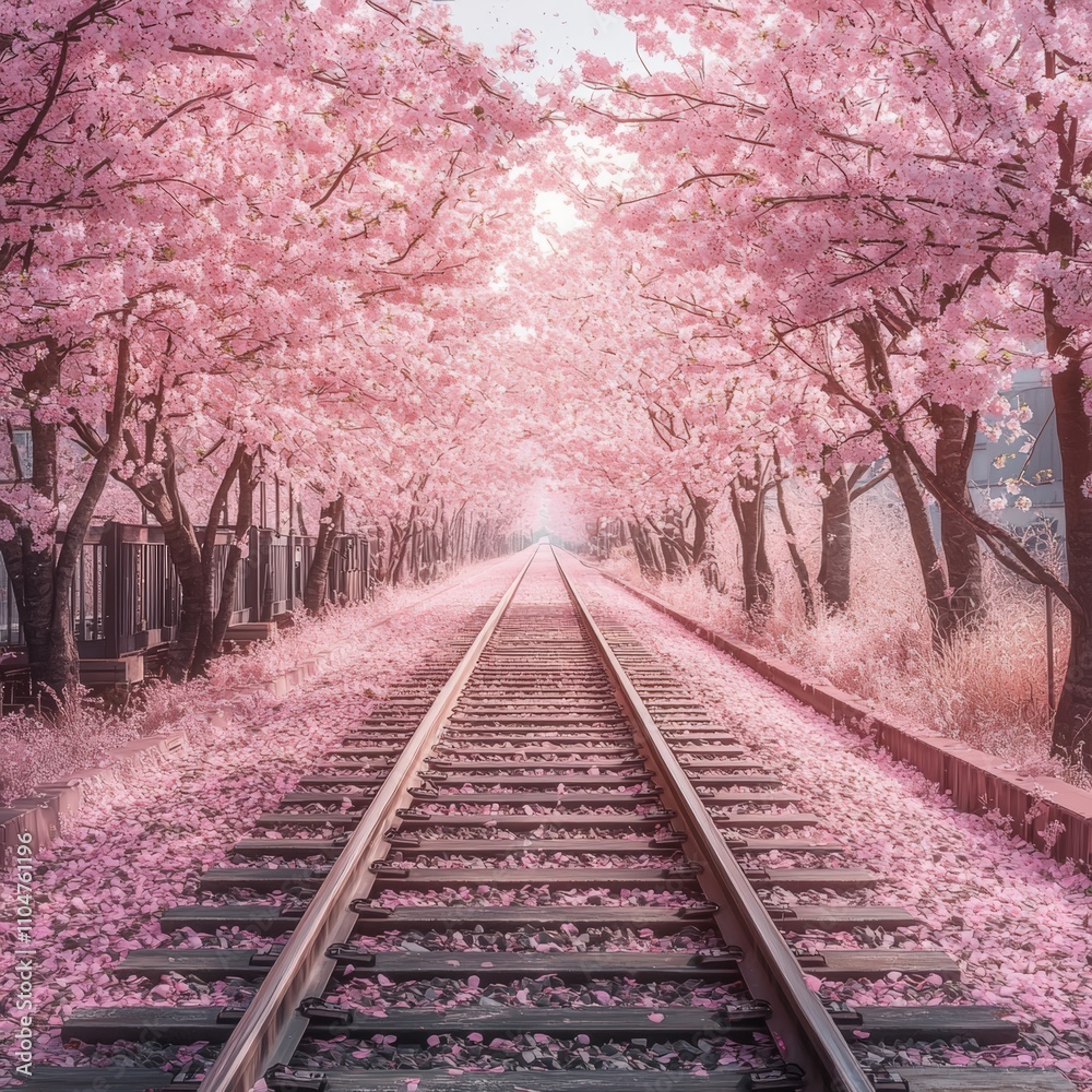 Serene railway lined with pink cherry blossoms Serene railway lined with pink cherry blossoms