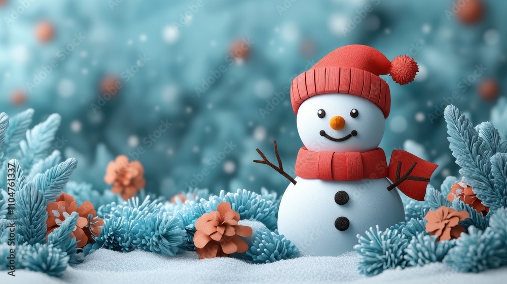 Charming Snowman Surrounded by Winter Flora and Soft Snowflakes, Perfect for Christmas Celebrations and Festive Gift Ideas Charming Snowman Surrounded by Winter Flora and Soft Snowflakes, Perfect for Christmas Celebrations and Festive Gift Ideas