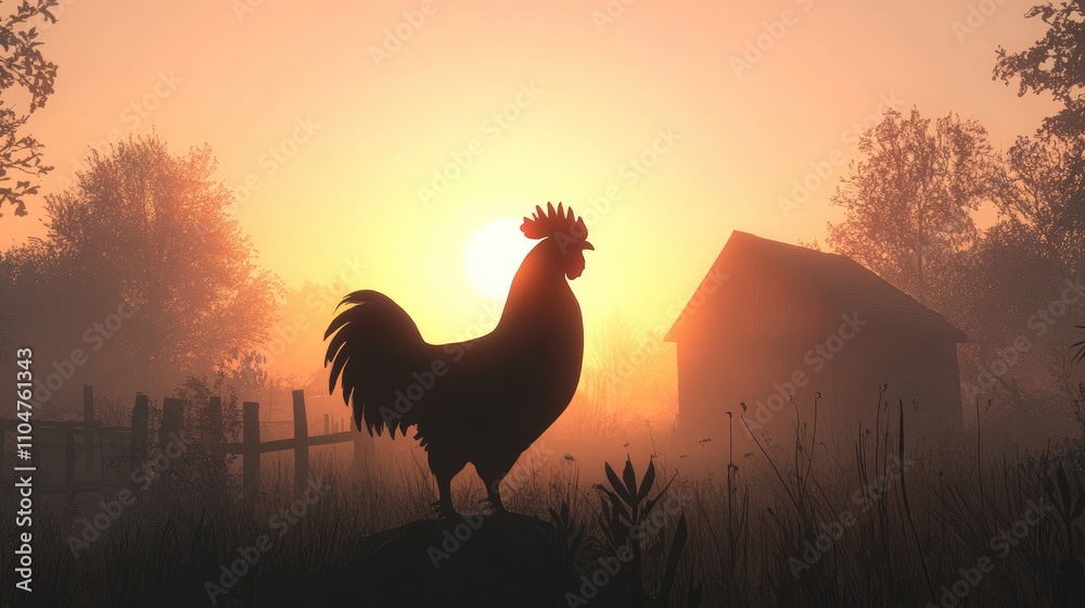 Fototapeta premium Silhouette of Rooster Against Sunrise with Misty Rural Landscape