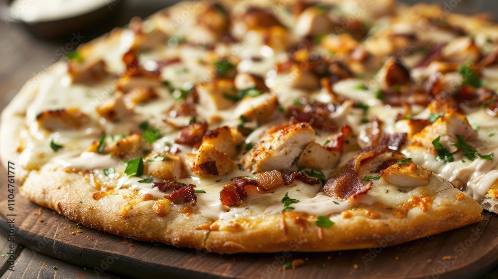 Pizza with chicken, bacon, and ranch dressing Pizza with chicken, bacon, and ranch dressing