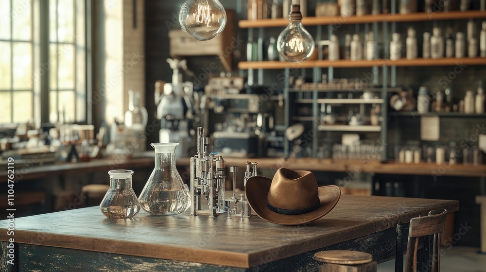 Fototapeta premium Rustic Workshop Interior with Industrial Style Lighting and Hat