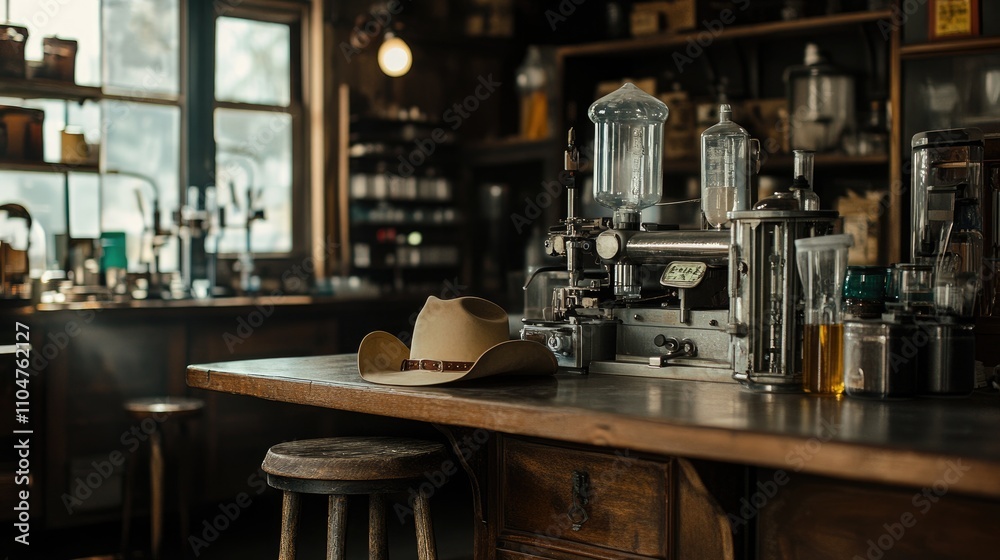 Rustic Coffee Shop Interior with Cowboy Hat on Wooden Counter Rustic Coffee Shop Interior with Cowboy Hat on Wooden Counter