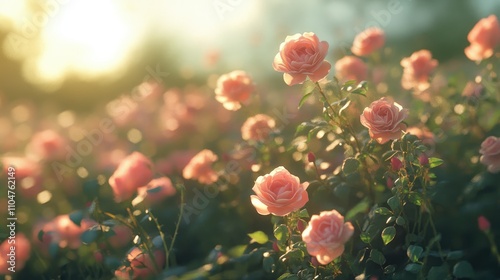 A serene field of blooming pink roses illuminated by soft sunlight.