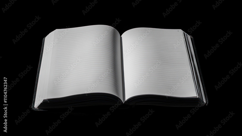 Open Notebook Lies on Black Background Showing Lined Pages Open Notebook Lies on Black Background Showing Lined Pages