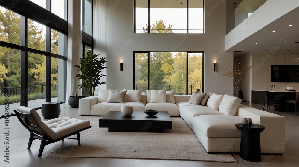 Fototapeta premium Here are a few options for a description of the image, all under 200 characters:**Option 1 (Focus on style):**>Modern living room with large windows, high ceilings, and a spac