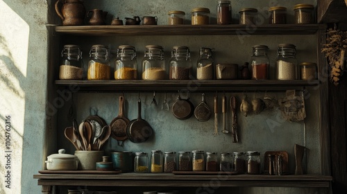 Wallpaper Mural Rustic Kitchen Shelves Filled with Jars and Cooking Utensils Torontodigital.ca