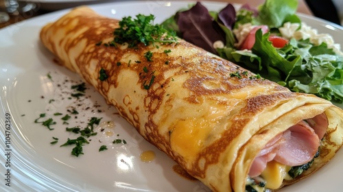 Delicious Savory Crepe Filled with Cheese and Ham on White Plate