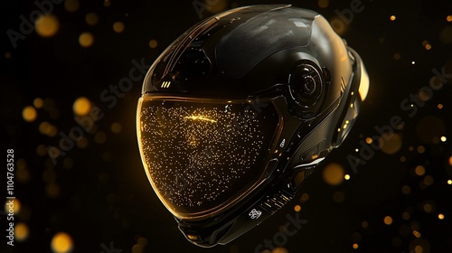 Futuristic black helmet with gold glowing visor. photo