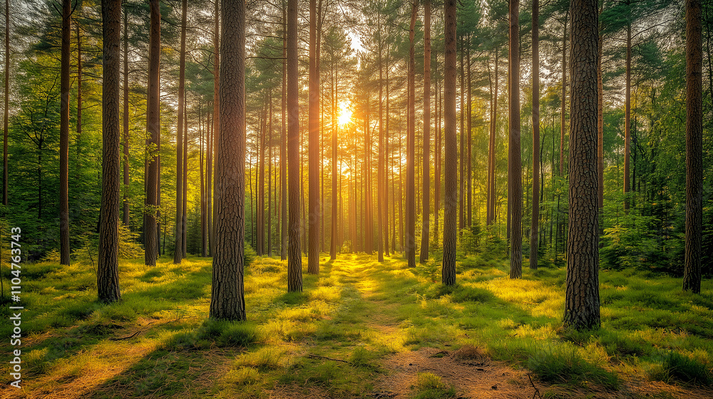 Fototapeta premium dense forest with tall pine trees, dappled sunlight filtering through the canopy, serene atmosphere