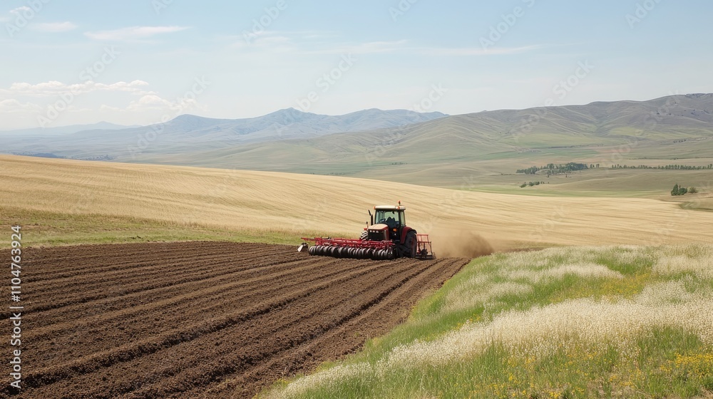 Red Tractor Plowing Fields in Serene Countryside Landscape Red Tractor Plowing Fields in Serene Countryside Landscape