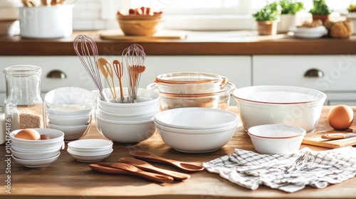 Kitchen Utensils and Baking Tools Arranged on a Wooden Table