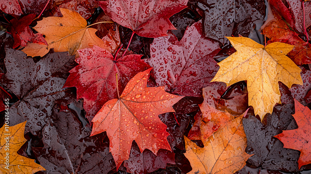 A vibrant array of autumn leaves, showcasing rich reds, oranges, and yellows, glistening with rain droplets on a wet surface. A vibrant array of autumn leaves, showcasing rich reds, oranges, and yellows, glistening with rain droplets on a wet surface.