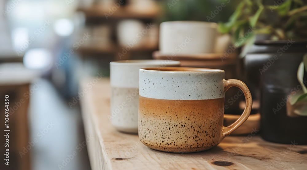 A cozy scene featuring three decorative ceramic mugs on a wooden table, surrounded by subtle greenery, evoking warmth and comfort. A cozy scene featuring three decorative ceramic mugs on a wooden table, surrounded by subtle greenery, evoking warmth and comfort.