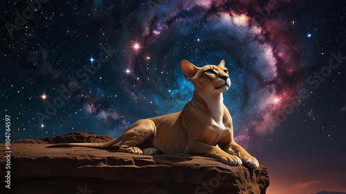 Here are a few options for your stock photo description, all under 200 characters:

**Option 1 (Focus on majesty):**

> Majestic lioness gazing at a vibrant nebula photo