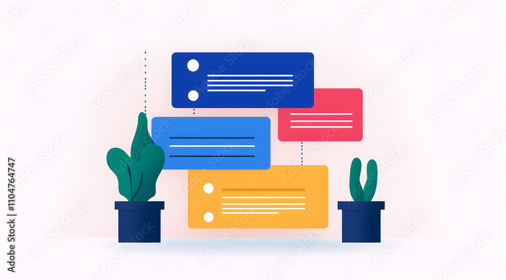 A colorful illustration featuring message cards and potted plants, symbolizing communication, organization, and a modern workspace aesthetic.